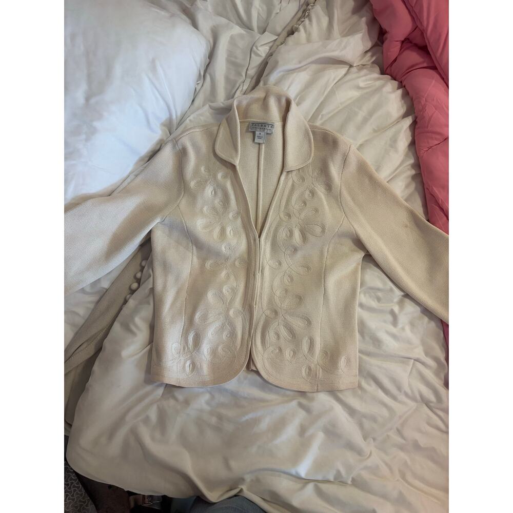 Talbots Collection Silk Blend Cardigan Jacket Medium Cream Embroidered sweater - Picture 2 of 9